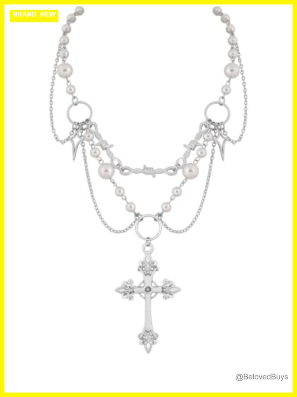 Beaded Cross Choker Necklace Stainless Steel Zinc Alloy Imitation Pearl 15in